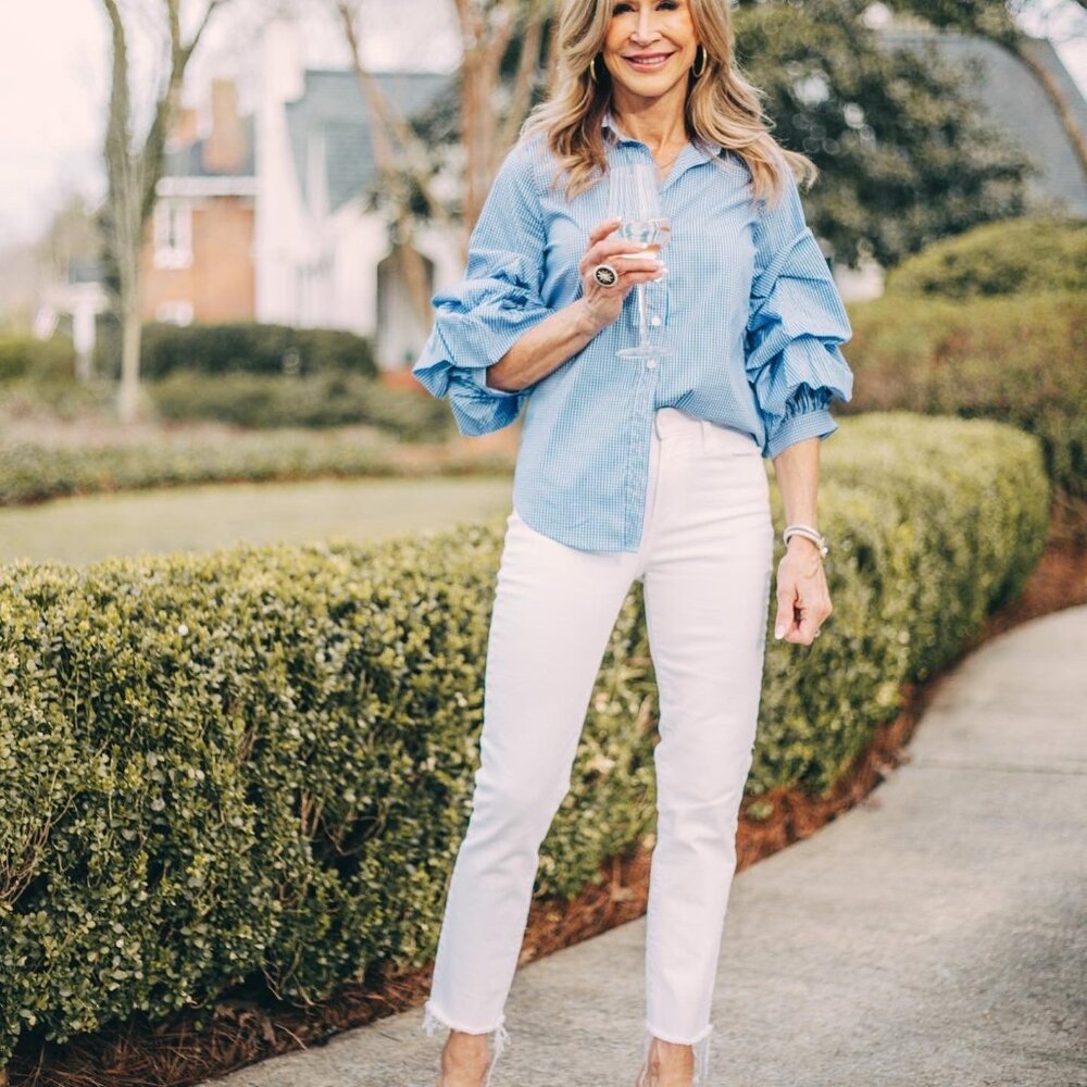 The Shirt by Rochelle Behrens statement sleeve shirt in blue & white gingham